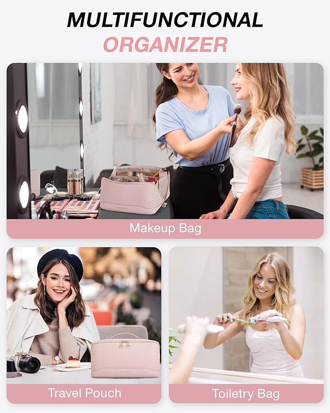 BAGSMART Makeup Bag, Travel Cosmetic Bag Organizer, PU Leather Water-Resistant Pouch, Open Flat Makeup Storage for Toiletries, Brushes, PU Leather Pink