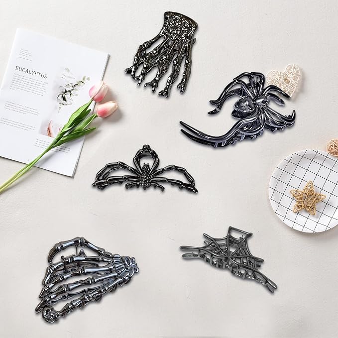 6 Pack Skull Skeleton Hair Claw Clips, Gothic Punk Hair Accessories for Women Girls, Halloween Spider Web Metal Barrettes for Thick Thin Hair Styling (Black Silver)