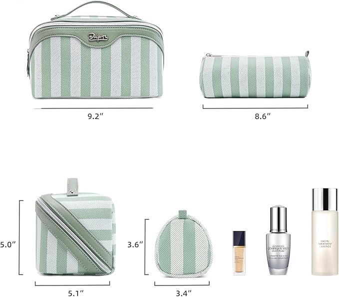 BOYATU Travel Makeup Bag for Women: Large Cosmetic Bag Set of 3 - PU Leather Make up Bag with Compartments - Compact Waterproof Toiletry Bag with Divider & Handle (A-05Green)