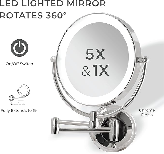 Zadro 11" LED Wall Mounted Makeup Mirror 5X/1X Shaving Mirror Plug in or Battery Operated Vanity Mirrors for Wall (Large | 5X/1X | 11" x 14.5", Chrome)