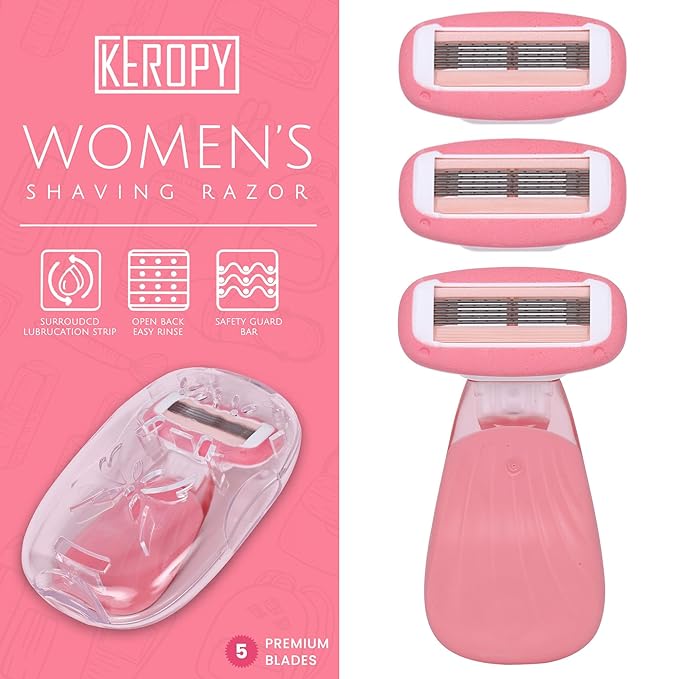 Women Razors for Sensitive Skin, Travel Razors Shaving Kit Essential - 5-Blade for Sensitive Skin - Bikini, Legs, Underarms - 1 Handle & 3 Refill Cartridges - Pink