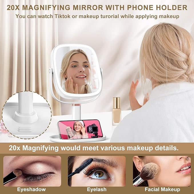 Mocado Makeup Mirror with Lights, 1X/20X Magnifying Mirror with Light, Vanity Mirror with 3 Colors Lights, Height Adjustable Lighted Makeup Mirror, Double Sided 360°Rotation, Memory Function (White)