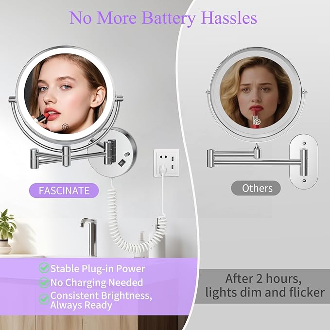 Wall Mounted Makeup Mirror with Lights, 30X/1X Double-Sided Magnifying, Plug-in Lighted Vanity Mirror with 3 Color Modes, Dimmable Brightness, 360° Swivel Extendable Arm for Bathroom & Grooming