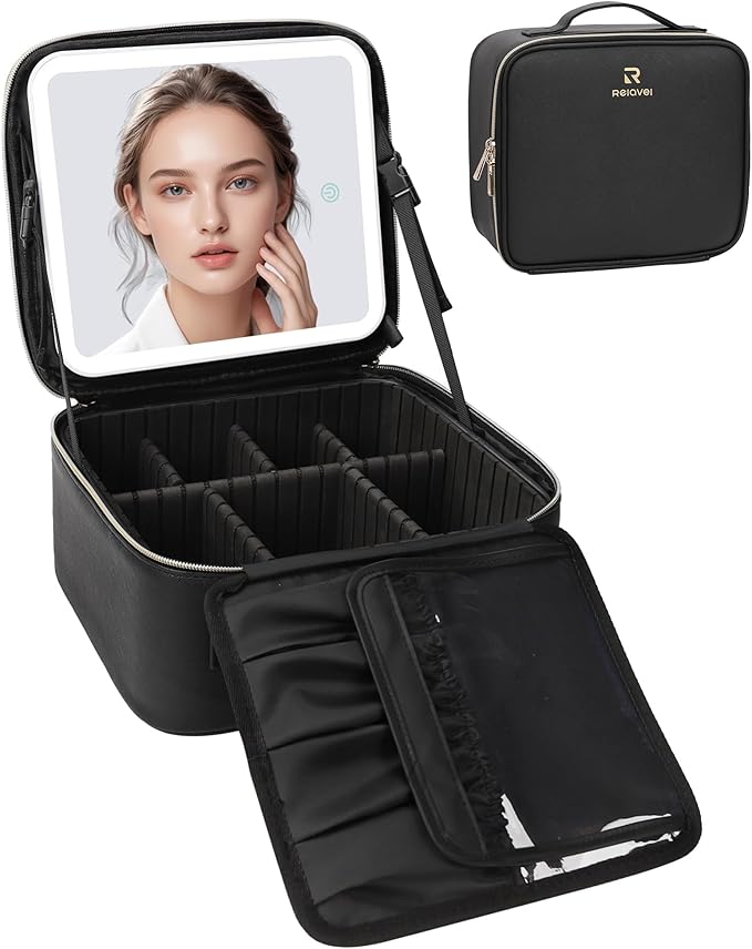 Relavel Makeup Bag with Light Up Mirror, Makeup Case Travel Cosmetic Bags Brush Organizer Storage Box, Rechargeable Vanity Mirror with 3 Color Lights, High Frame Mirror Protection (Black)