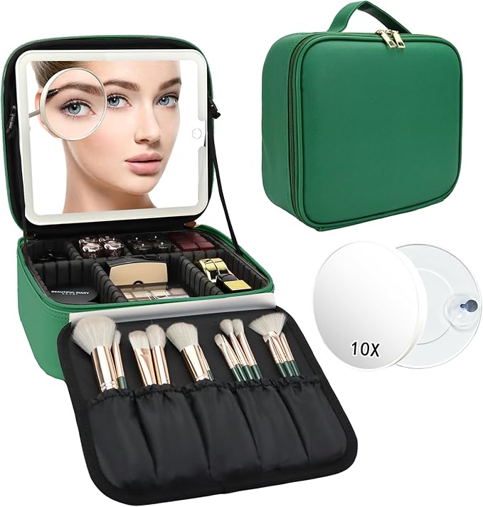 Travel Makeup Bag with LED Mirror and 10x magnifying glass with 3 Lighted Settings, Adjustable Dividers and Makeup Brush Storage Bag Dark Green