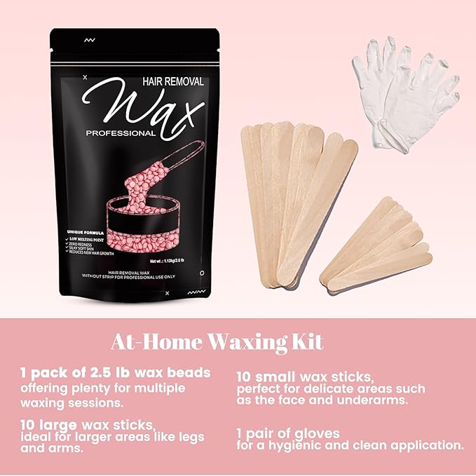 2.5lb Wax Beads, Hard Wax Beads with Upgraded Rose Formula -Wax Beads for Hair Removal Sensitive Skin Women, Includes Sticks & Gloves,Ideal for Bikini/Brazilian/Body/Face Waxing