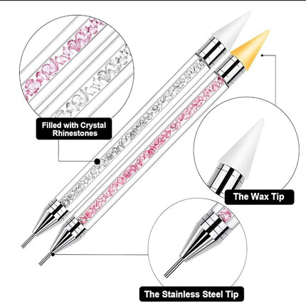 Vikerer Rhinestone Picker Tool, Dual-ended Rhinestones Applicator Nail Art Design Tool, 2 Pack Acrylic Handle Nail Pen with 4 Extra Wax Tips and1 Tweezer