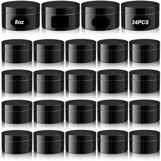Dandat 24 Pcs 8 oz Plastic Jar Container with Lid and Label Refillable Empty Round Black PET Cosmetic Sample Containers for Lotion, Cream, Ointments, Body Butter, Makeup, Travel Storage