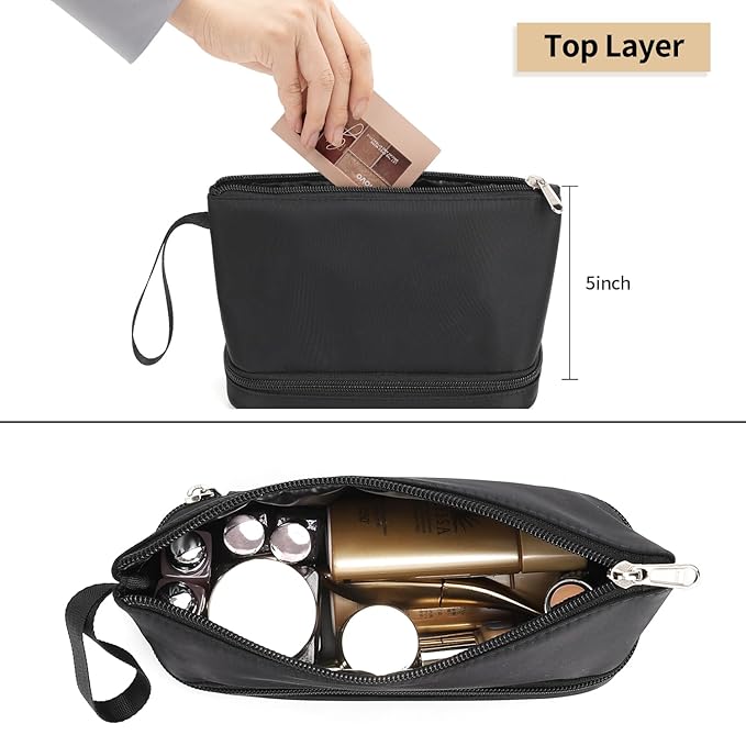 Ethereal Small Makeup Bag, 2 Layers Travel Makeup Bag with Makeup Brush Holder, Cosmetic Bag Black Make up Pouch for Women/Girls