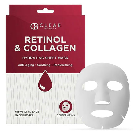Clear Beauty Retinol & Collagen Face Mask – Firming & Hydrating – Reduces Fine Lines & Wrinkles – Korean Sheet Mask, Dermatologist Tested, Anti-Aging – Vegan, Clean Beauty, Cruelty-Free – 5 Count