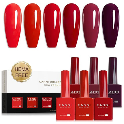 CANNI Red Gel Nail Polish Set – 6 Colors 9ML Classic Dark Red, Burgundy – Soak Off UV LED Gel Polish Kit for All-Season DIY Manicure, Nail Art, Salon & Home Use