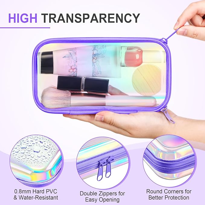 Hoolerry 4 Pcs Hard Clear Zipper Case Makeup Bags Plastic Pencil Pouch Transparent Storage Box Containers for Cosmetics, Snacks, Building Blocks, Puzzles(Purple Laser,7.5 x 3.9 x 2 in)