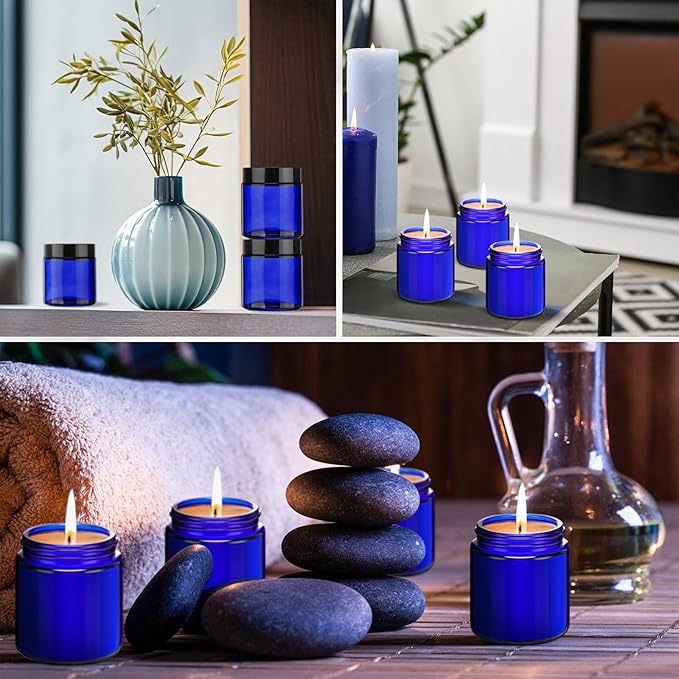 Norme 96 Pcs 4 oz Glass Jars with Lids Leakproof Round Airtight Empty Cosmetic Jars with Inner Liners Lid for Storing Lotions Powder Ointments Candle Making Tins (Black,Blue)
