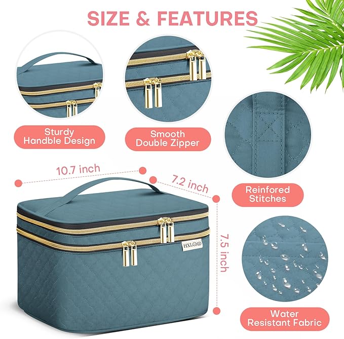 Large Makeup Bag with Mirror Double Layer Travel Make Up Organizer Case, Large Capacity Coemetic with Brush Slot Divider, Travel Toiletry Bag for Women (Lake Blue)