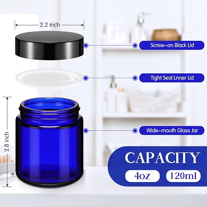 Norme 36 Pcs 4 oz Glass Jars with Lids Leakproof Round Airtight Empty Cosmetic Jars with Inner Liners Lid for Storing Lotions Powder Ointments Candle Making Tins (Blue,Black)