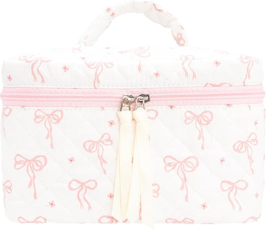 Quilted Makeup Bag Large Travel Zipper Soft Cosmetic Case for Women Girls Make Up,Bow Pink