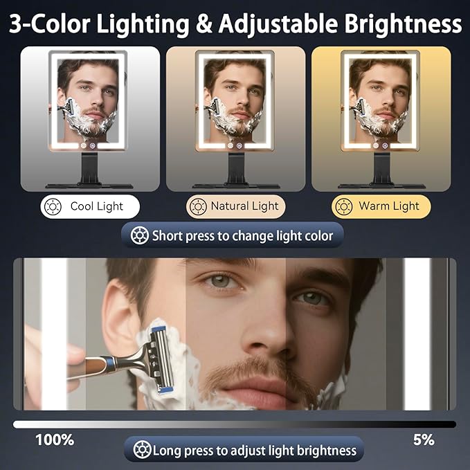 DESCHEN 2025 Updated Heated Shower Mirror Fogless for Shaving Men with 3 Color Lights, 5000mAh Rechargeable Anti Fog Shaving Mirror for Shower Fogless, 12.5×8" Borderless Mirror with Razor Holder