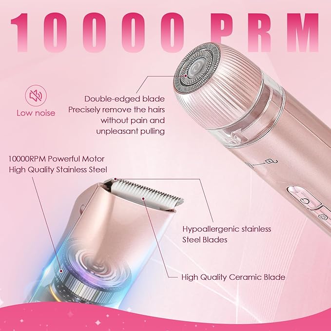 2 in 1 Bikini Trimmer for Women Dual Head Electric Razors IPX7 Waterproof Wet & Dry Use, Electric Shaver for Women Private Area Facial Body Underarm Leg Arm Hair Remover for Pubic Hair
