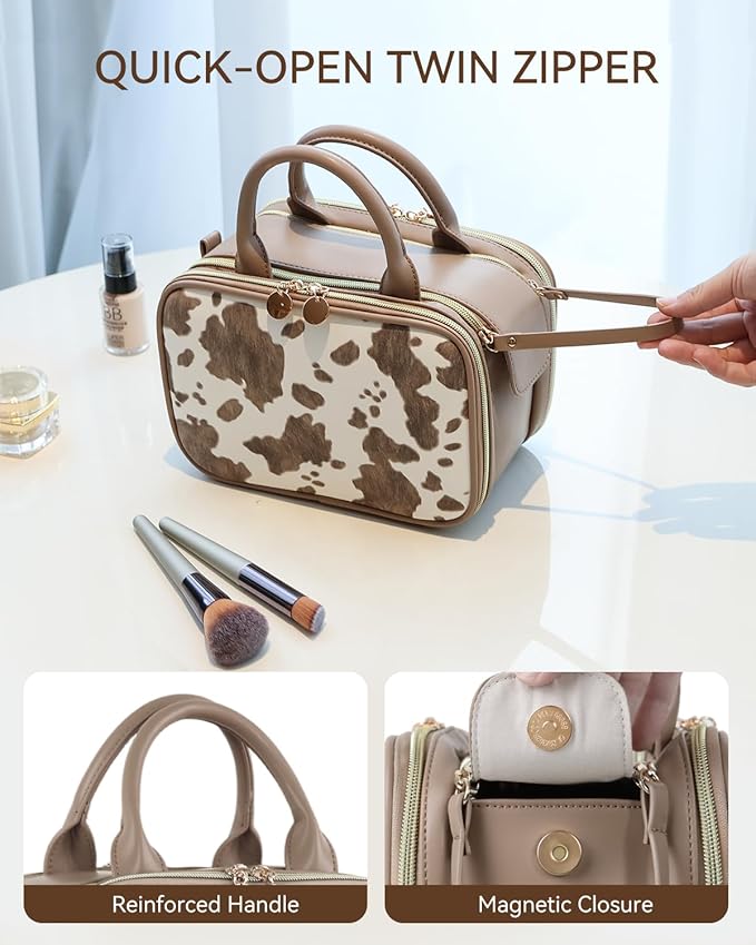 Prite Makeup Bag for Women, Large Capacity Waterproof Travel Cosmetic Organizer, Portable Open Flat Toiletry Bag with Free-standing Brush Holder and Handle(Cow Print Medium)