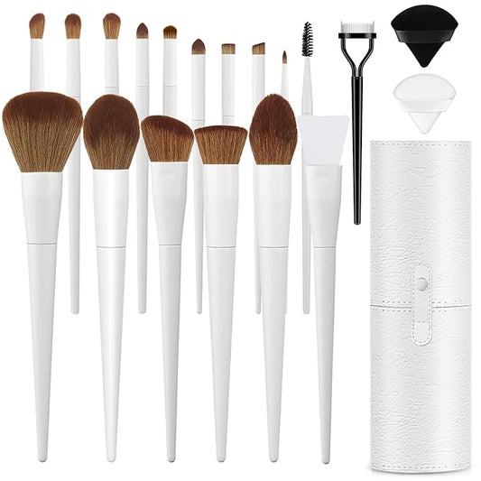 Makeup Brushes With Case 20PCs Professional Makeup Brush Set, Foundation Powder Eyeshadow Brush Set Eyebrow Concealer Contour Travel Brushes Kit with Holder & 2 Powder Puff-White