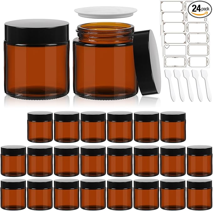 4 oz Amber Round Glass Jars with Black Lids 24 Pack- Portable Empty Glass Containers with Inner Liners for Cosmetic, Food Storage, Body Butters, Body Butter, Candle Jars