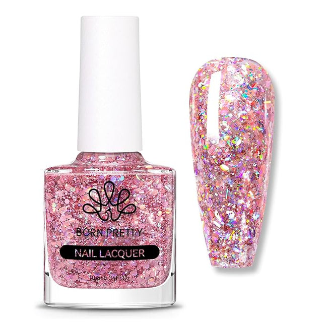 Born Pretty Holographic Nail Polish Rose Gold Glitter Sequins Nail Polish 10ML, Fast Drying Up to 7 Days of Wear, Sparkle Fingernail Polish for Women Girls
