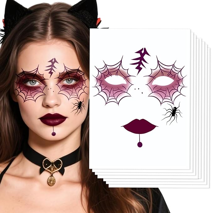 8Pcs Halloween Face Tattoos Temporary, Tattoos Decals with Spider Web & Spider Design,Temporary Makeup Tattoos Stickers, Face Tattoo Sticker Art for Halloween, Adults, Kids, Costume Parties
