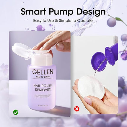 Gellen Nail Polish Remover Grape Scent, Non Acetone Nail Polish Remover Pump for Quick Dry Polishes, Gentle Fingernail Polish Remover with Vitamin E, Powerful Polish Removal for Home Salon 6.09 Fl Oz