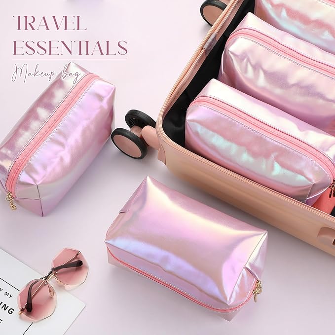 Sanwuta 9 Pcs Makeup Bags Bulk PU Double Zippers Cosmetic Bag Makeup Toiletry Pouch Portable Travel Organizers Case for Women Bachelorette Party End of The Year Bridesmaid Gift(Laser Pink)