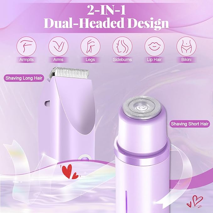 Dermave Bikini Shaver 2.0, Dual Head Electric Bikini Trimmer for Women, 2 in 1 Wet and Dry Waterproof Glow Aura Womens Shaver for Face, Legs, Underarm (Purple)