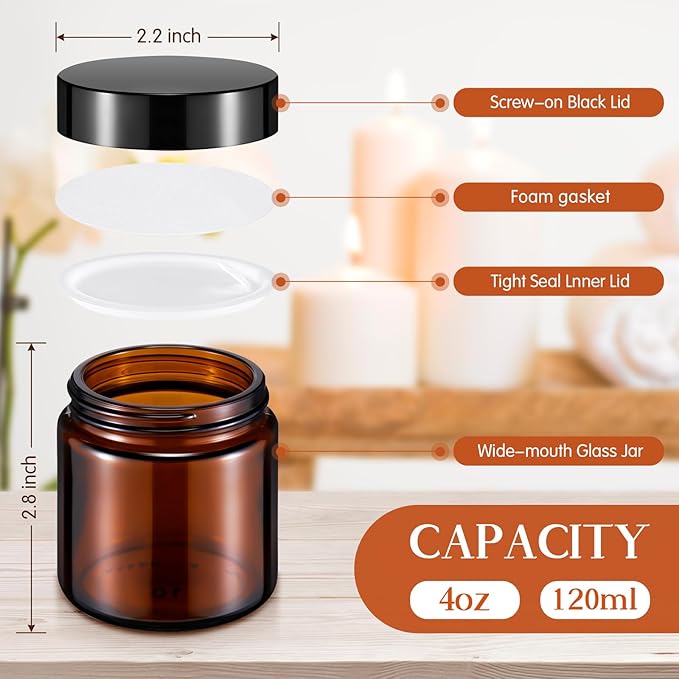 Norme 120 Pcs 4 oz Glass Jars with Lids Leakproof Round Airtight Empty Cosmetic Jars with Inner Liners Lid for Storing Lotions Powder Ointments Candle Making Tins (Black,Amber)