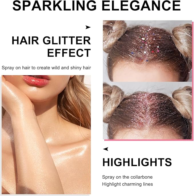 Hair and Body Glitter Spray, Holographic Glitter Highlighter Powder, Hairspray for Clothes, Face Body Shiny Glitter, Loose Shimmer Hairspray Festival Rave Prom Accessories, 4.22 Fl Oz (Pink)