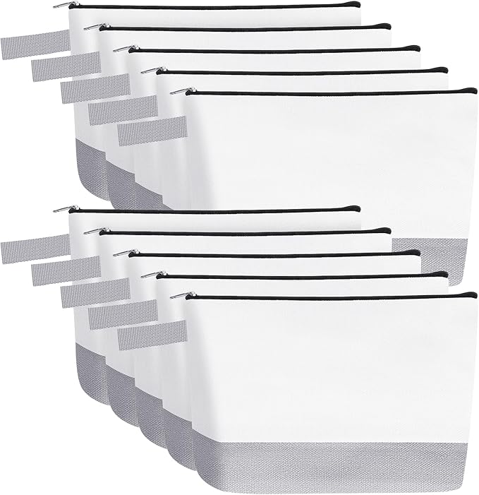 10 Pieces Cotton Canvas Makeup Bag with Bottom and Strap, Multi-Purpose Cosmetic Bag with Zipper Travel Toiletry Pouch, Blank DIY Craft Bag (White&Grey, L)