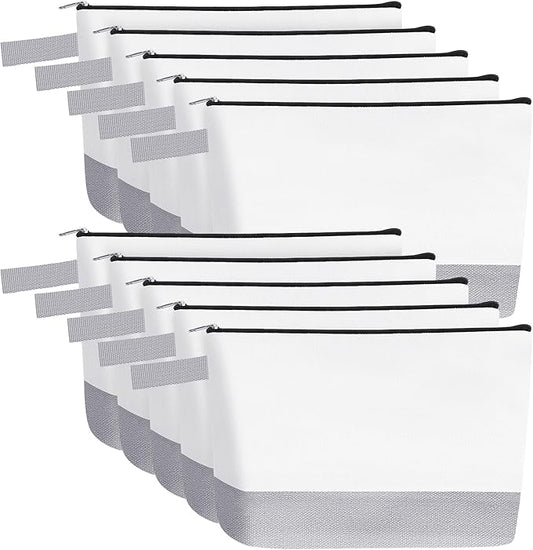 10 Pieces Cotton Canvas Makeup Bag with Bottom and Strap, Multi-Purpose Cosmetic Bag with Zipper Travel Toiletry Pouch, Blank DIY Craft Bag (White&Grey, L)