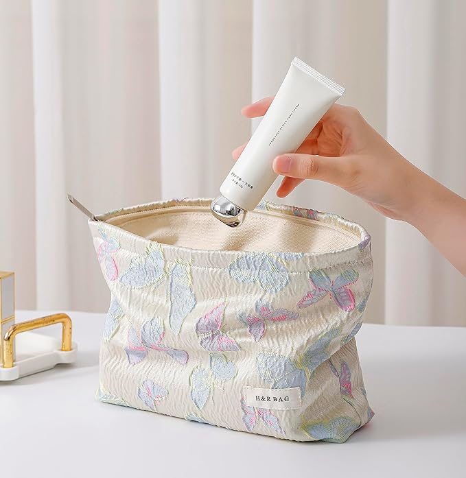 2 Pcs Makeup Bags, Large Cosmetic Bag Travel Toiletry Bag Organizer for Women, Embroidery Craft, Floral Makeup Bag Small Cosmetic Pouch Purse with Zipper Gifts for Girls Teen