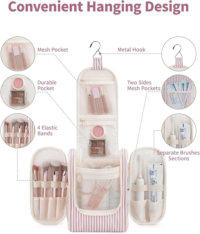 Narwey Small Striped Hanging Travel Toiletry Bag for Women, Travel Bag for Toiletries, Makeup Bag Organizer Cosmetic Bags Make Up Bags for Women (Dusty Rose Stripe)