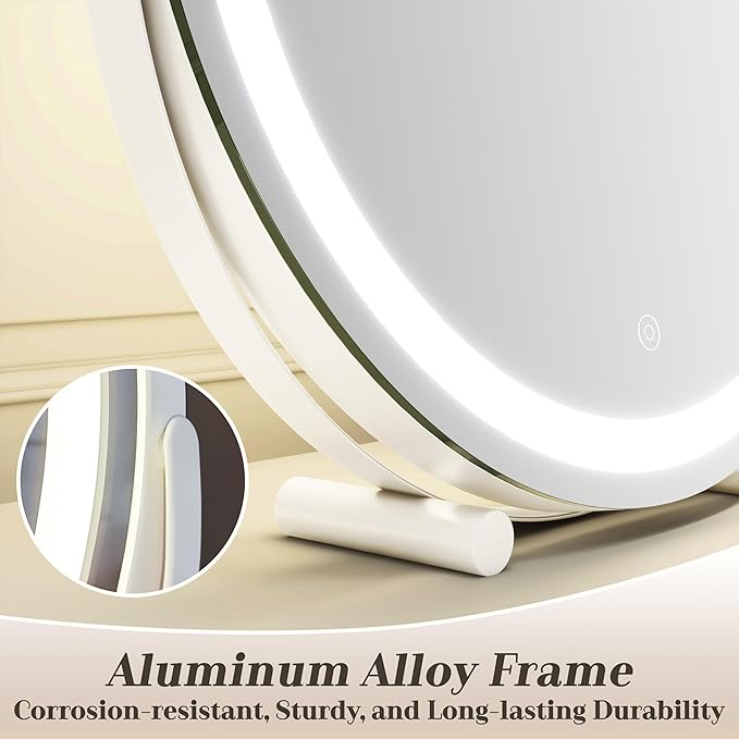Vanity Mirror with Lights, 18 Inch Lighted Makeup Vanity, Smart Touch Control, 3-Color Dimmable Round Design, 360° Rotating Tabletop Mirror (White)