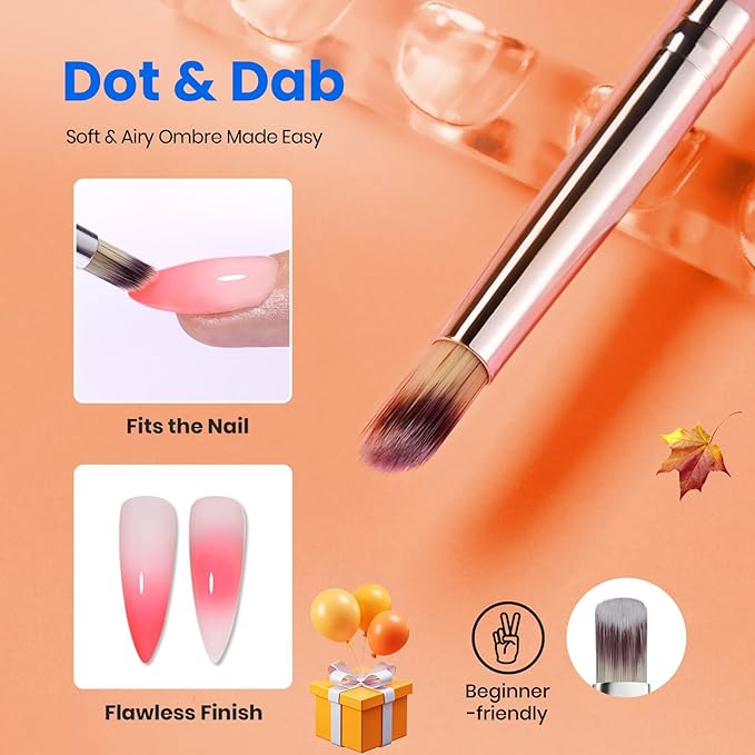 Beetles Blooming Gel and Nail Art Brushes Set - Ombre Nail Brush Gradient Stipple Clean Up Fingernail Art Pens and Silicone Dotting Tool for Gel Polish Marble Blush Chrome DIY Manicure Designs