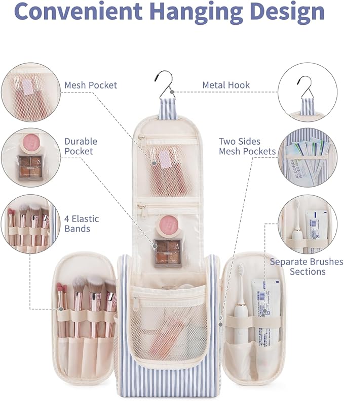 Narwey Small Striped Hanging Travel Toiletry Bag for Women, Travel Bag for Toiletries, Makeup Bag Organizer Cosmetic Bags Make Up Bags for Women (Greyish Blue Stripe)