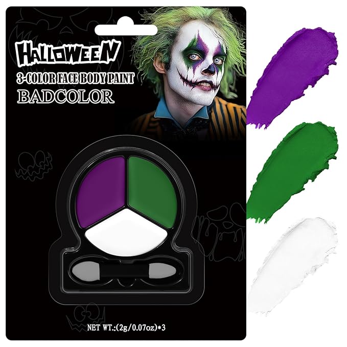 White Green Purple Face Body Paint with Applicator, Oil Based Face Painting Kit for Halloween Dark Fairy, Evil Queen Makeup, Facepaints for Witch Monster Costume, Cosplay, Dress Up