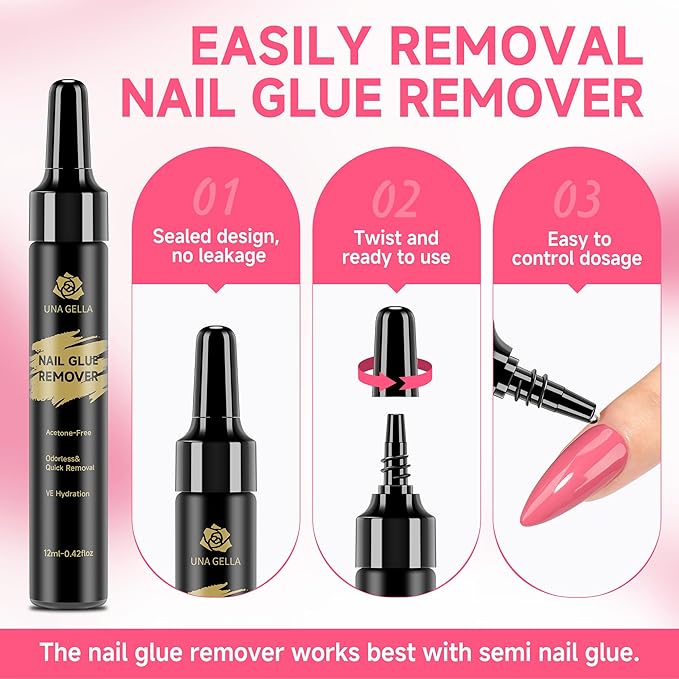UNA GELLA Lamp-Free Semi Solid Nail Glue for Press Ons: 10ml and Soak Off Gel Nail Glue Remover for False Acrylic Nails 12ml, Super Strong G LUE Quick Removal Kit