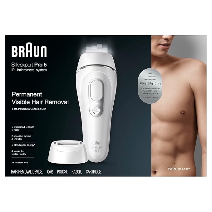 Braun Smart IPL, Silk·Expert Pro 5: at Home Laser Hair Removal Device for Men & Women, Permanent Visible Hair Reduction in Hair Regrowth for Body, w/Razor, Pouch, and Wide Cap Head, IPL5145