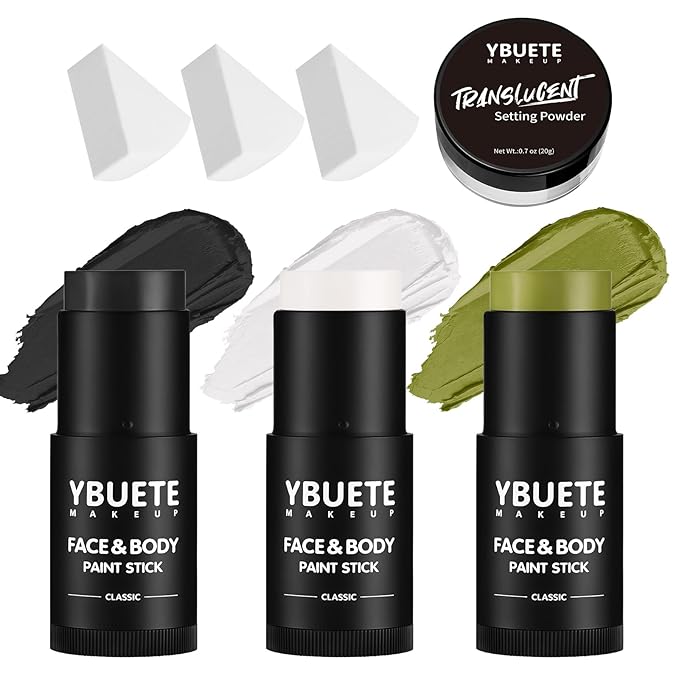 Black White Ogre Green Face Body Paint Stick Set with Translucent Setting Powder and Sponges, Professional Full Coverage Face Painting for Adults Halloween Cosplay SFX Skull Witch Hulk Makeup
