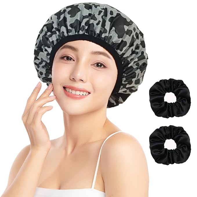 Shower Cap for Women, Shower Caps for Women Reusable Waterproof, Satin Lined Shower Cap, Hair Cap for Shower, Large Plastic Double Layers Bath Caps for Curly Hair Braids