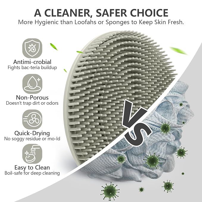Silicone Body and Face Scrubber Set 3 Pack, BEAUTAIL Shower Bath Scrubber, Gentle Exfoliating Brush for Women Men Baby Sensitive Skin, More Hygienic Than Traditional Loofah, Long Lasting, Black+Gray
