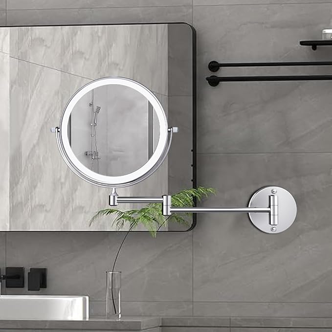 9 Inch Large Rechargeable Lighted Makeup Vanity Mirror Wall Mounted, 1X/10X Magnifying Mirror with Light for Bathroom 3000mAh USB Charging, Chrome Wall Mounted Mirror Swing Arm with 3 Light for Makeup