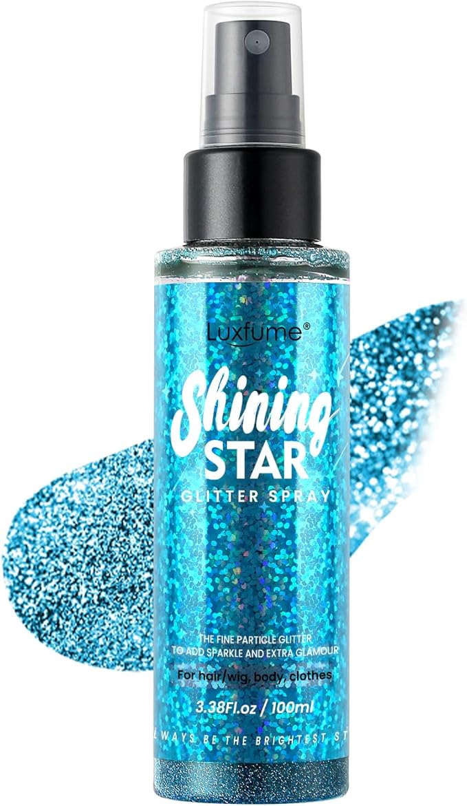 Body Glitter Spray & Glitter Hairspray - Ultra Shiny, Long - Lasting, Quick - Dry & Waterproof. Clog - Resistant Nozzle. Perfect for Parties, Dances and All Glamourous Occasions Bule