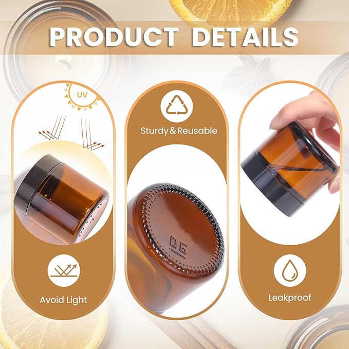 Amber 2oz Glass Jars with Lids - 24 Pack Leakproof Small Cosmetic Containers with Inner Liners, Wide-Round Smooth Mouth, Sealable for Creams, Lotions, Essential Oils, Body Butter, Travel Samples