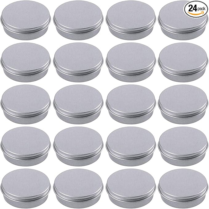 2 Ounce Aluminum Tin Jar Refillable Containers 60 ml Aluminum Screw Lid Round Tin Container Bottle for Cosmetic,Lip Balm, Cream, 24 Pack