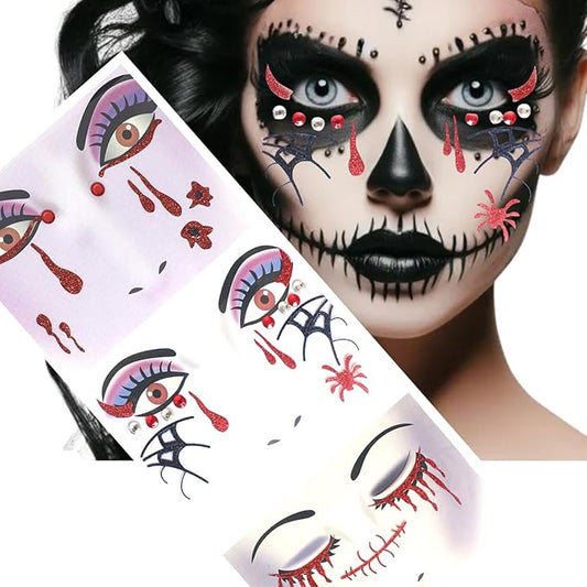 3 Pcs Halloween Face Stickers for Women, Day of the Dead Rhinestone Face Jewels Terrible Bloodstain and Spider Webs Face Gems Jewels,Glitter Face Tattoo Stickers for Halloween Rave Party Cosplay
